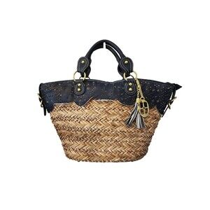 Iman Wicker and Faux Blue Leather Large Tote - New with flaws